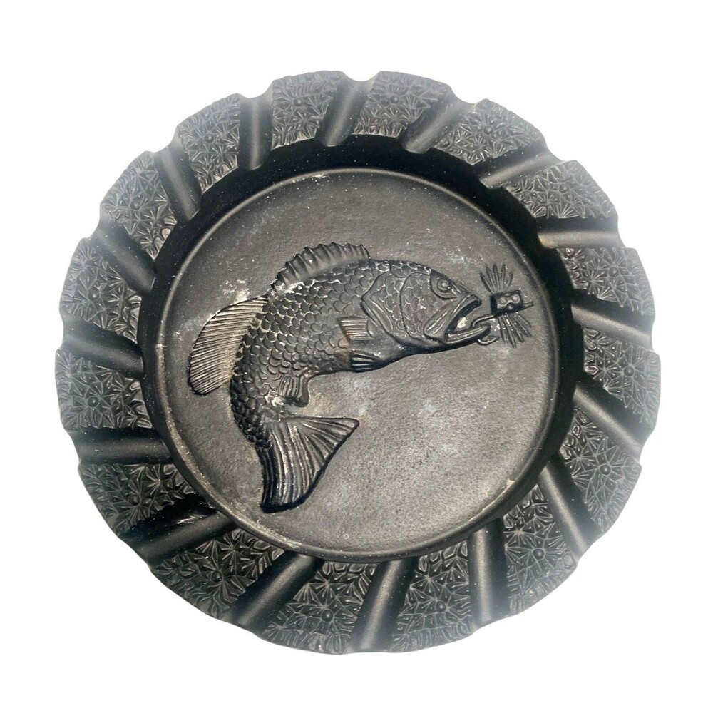 Vintage Ashtray Imperial Glass Fish with Lure Black Embossed MCM Fishing 7.5 in